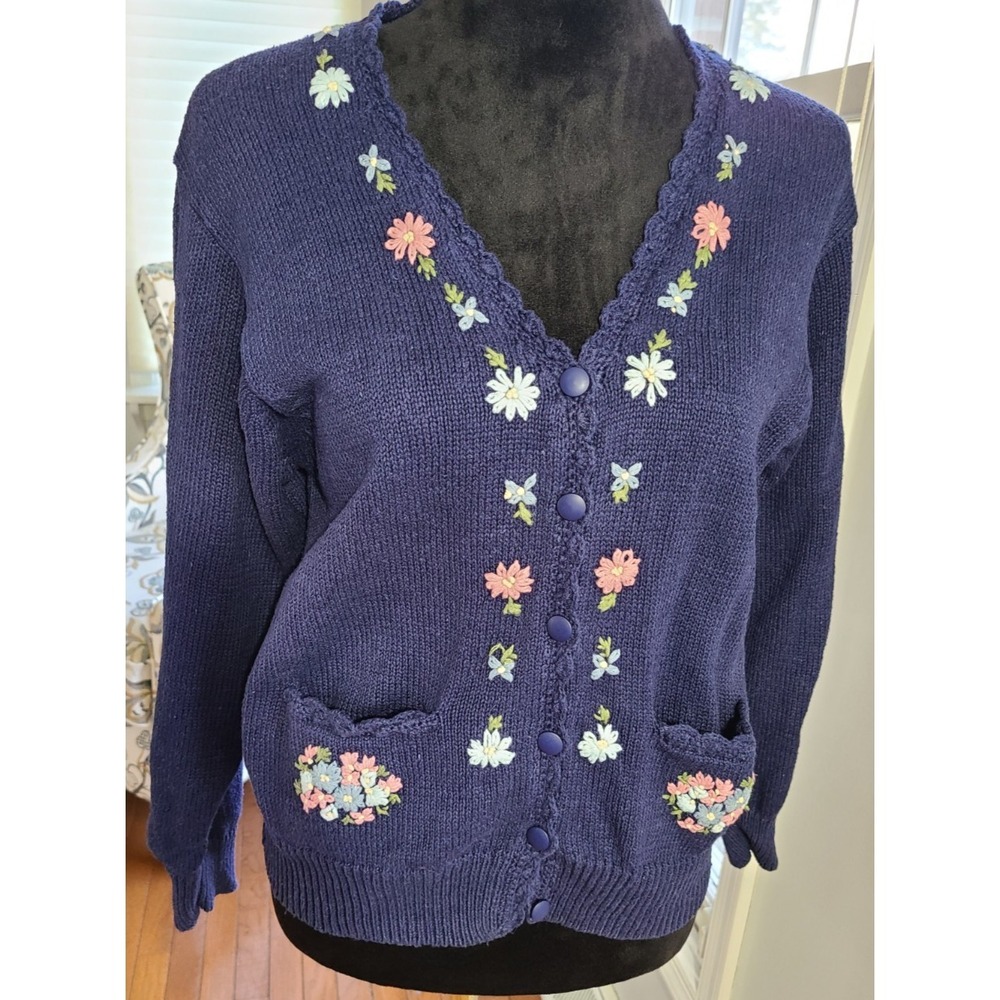 Vtg Huntington Ridge Cardigan Button Embroidered Floral‎ Knit Cotton Blue Large